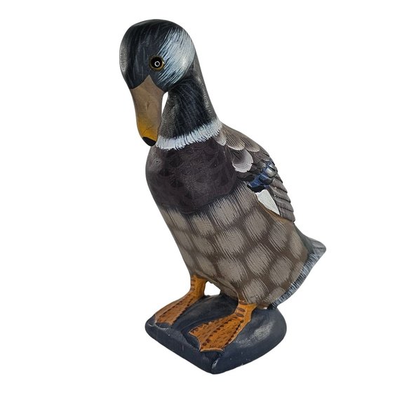 Vintage Carved Stone Duck Hand Painted Figurine Glass Eyes Head Tucked Bird - Picture 2 of 7